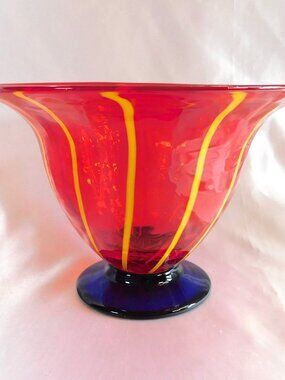 Red Art Glass Bowl with Yellow Stripes and Blue Base # 25350